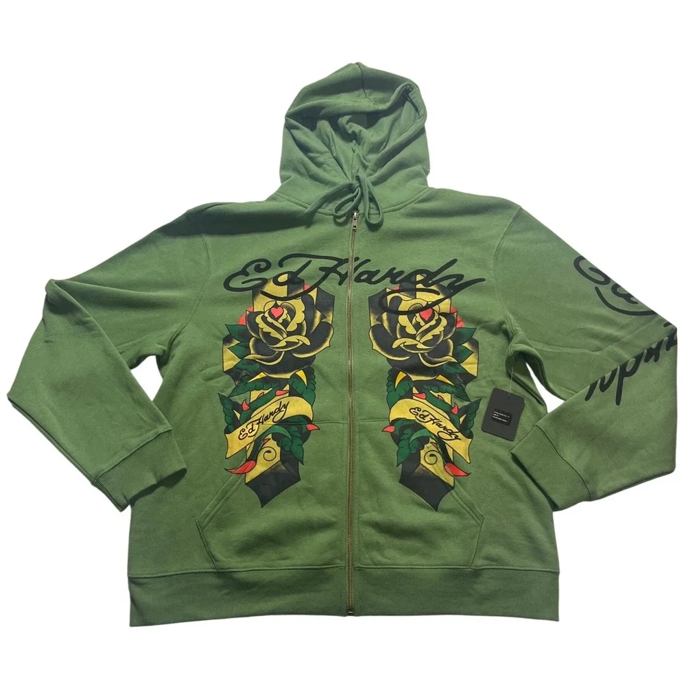 Ed Hardy Hoodie Mens XL Army Green NEW Rose Tattoo Graphic Full Zip EEHM1301-14